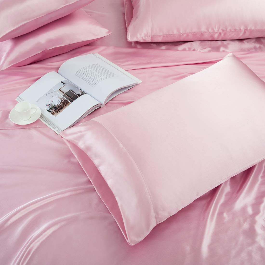 Treely 6 Piece Satin Sheets Full Size Silky Smooth Pink Satin Sheet Set With Deep Pocket, Satin Fitted Sheet, Flat Sheet, 4 Sati