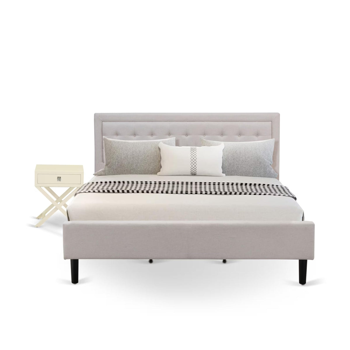 East West Furniture FN08K-1HAE0 2-Piece Fannin Bedroom Set with 1 King Size Bed and a Linen White Modern Nightstand - Reliable and Durable Construction - Mist Beige Linen Fabric Bed