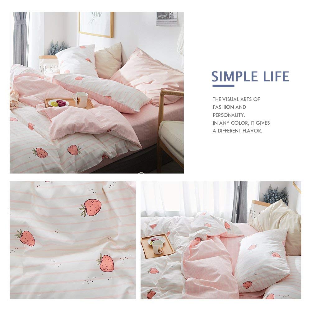Lifetb Cute Strawberry Duvet Cover Full Size Soft Cotton Pink Strawberry Bedding Sets Cartoon Fruits Style Strawberry Comforter