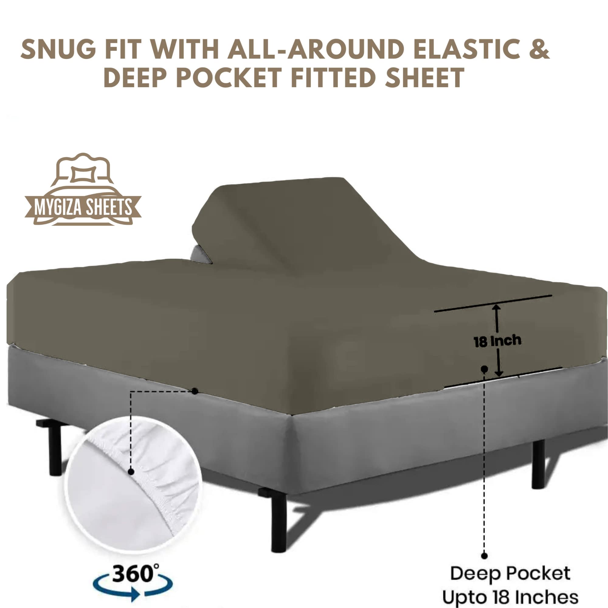 Flex Head King Sheets Sets For Adjustable Beds-Top Split King Sheets Sets (4 Pcs) King 34 Inch Down Sheets Slate Grey 15-18 Inch Deep Sheets(Flex Head 34''Down Size)