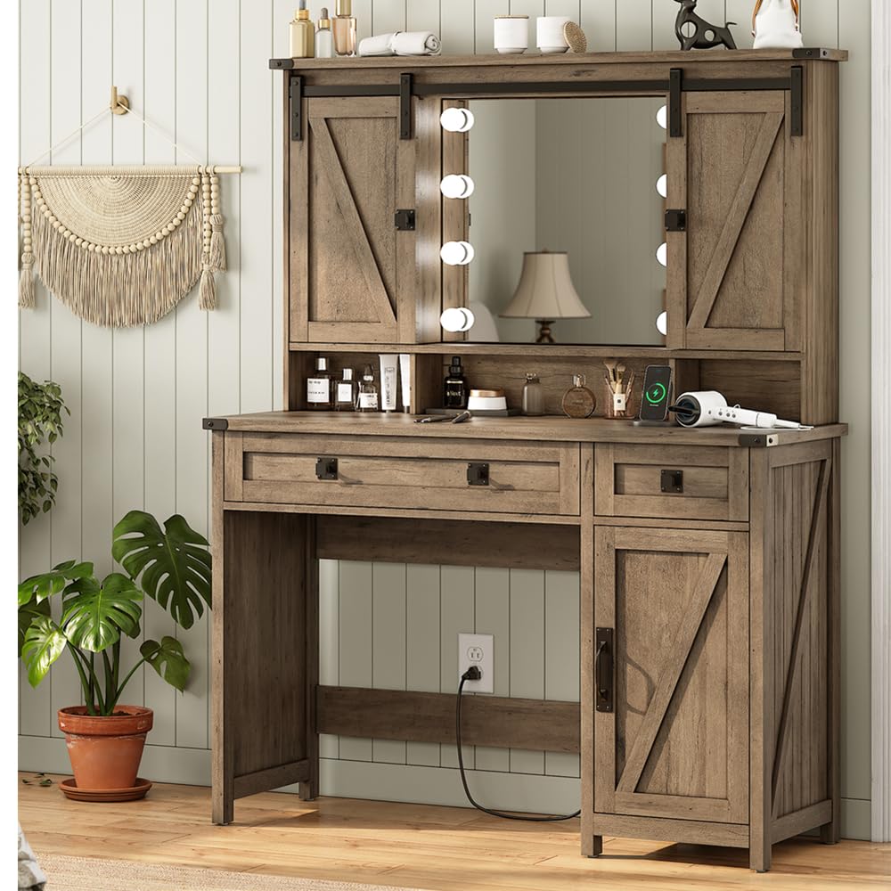 AOGLLATI Makeup Vanity with Lights & Barn Doors, Vanity Desk with Mirror and Lights & Charging Station, Farmhouse Brown Vanity T