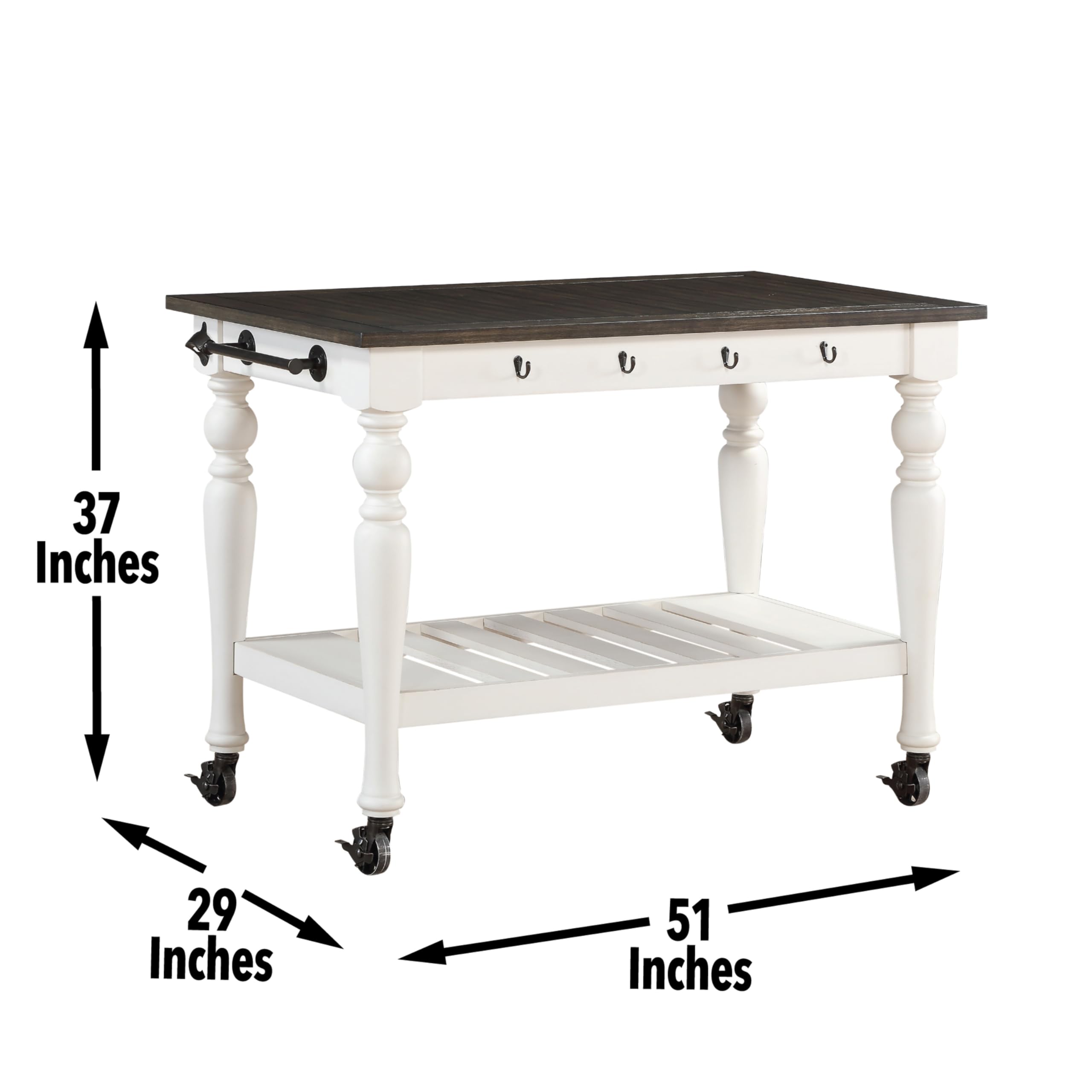 Steve Silver Co Joanna Two Tone Kitchen Trolley Cart, Two Towel Rods, Bottom Shelf Storage, Classic Farmhouse Styling, Island on Wheels, Hardwood Solids, 28.5" D x 50.5" W x 36.5" H, White/Ivory