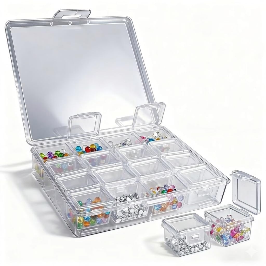 BEUMORO Clear Plastic Bead Storage Box with 16 Removable Mini Containers, 5.7x5.7 Inch, for Jewellery Organising