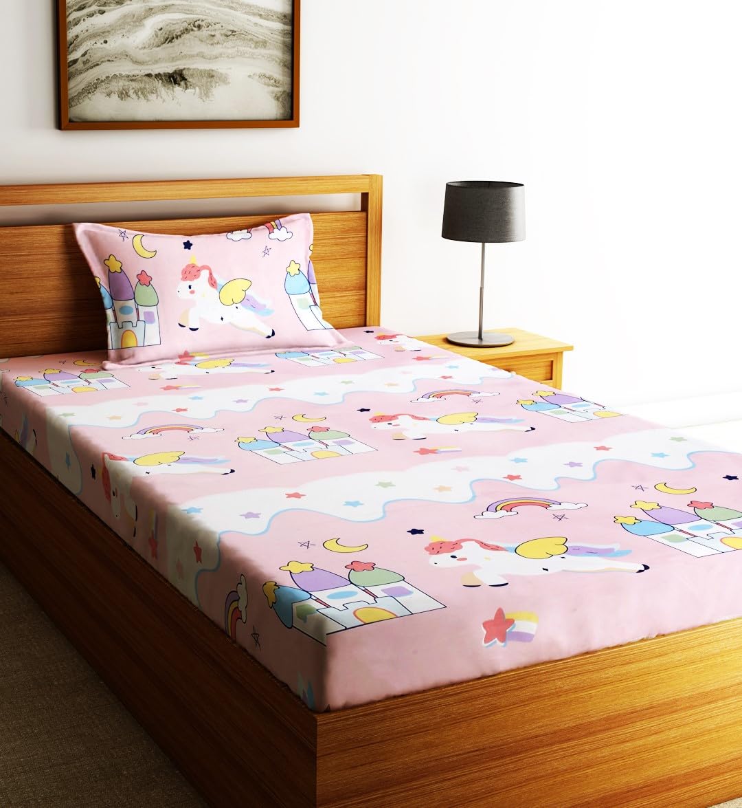 Home Sizzler 144Tc Microfibre KidS Unicorn Single Bedsheet With 1 Pillow Cover