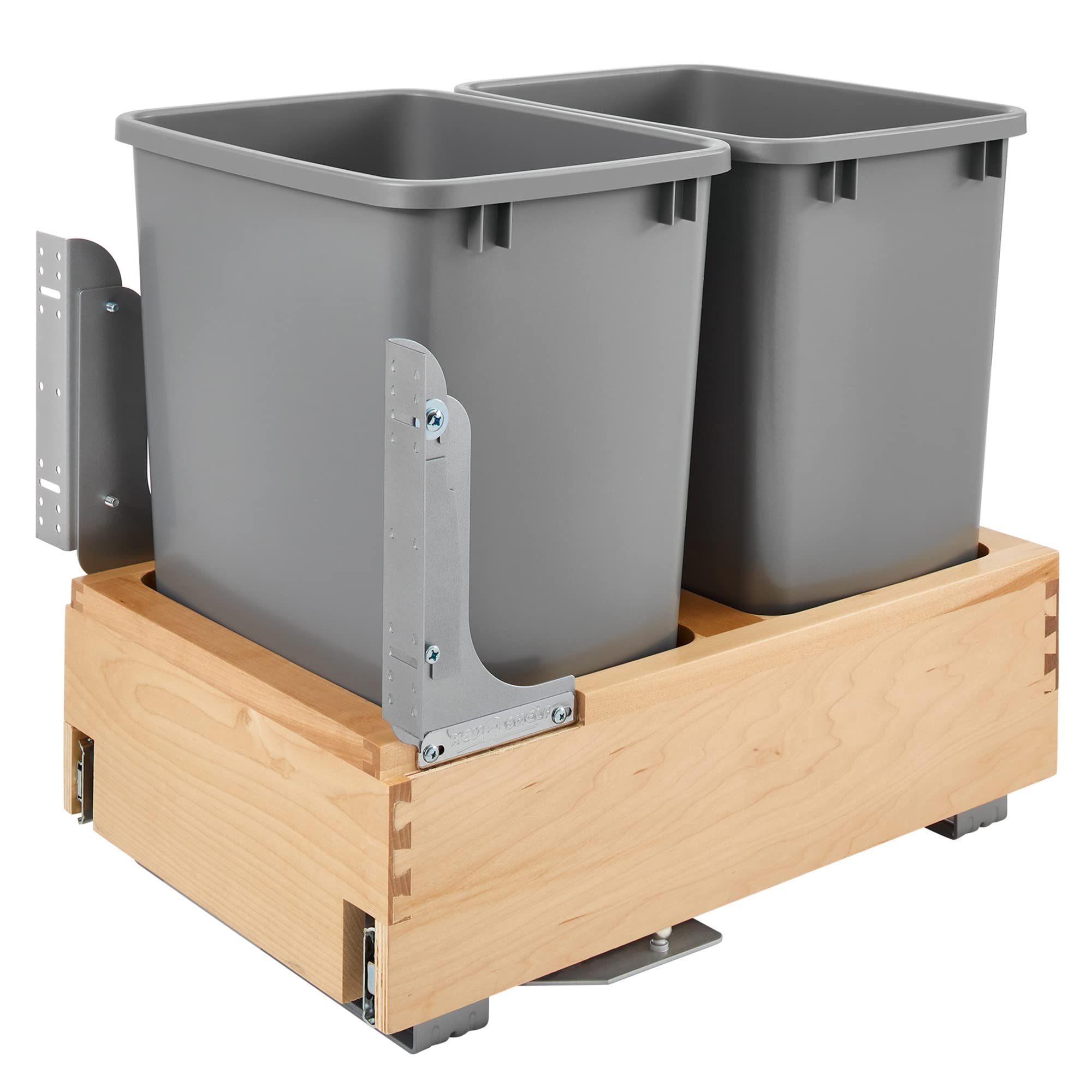 Rev-A-Shelf Double 35 Quart Pull Out Under Cabinet Trash Can with Soft Open & Close Slide System, Metallic Silver, Maple Wood Bo