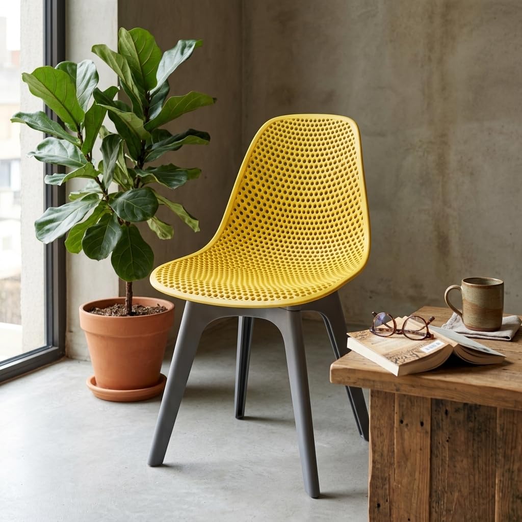 The Artment Flora Set Of 1 Yellow Plastic Chair With Perforated Seat & Backrest, Curved Design | Fourleg Base, Modern Chair For