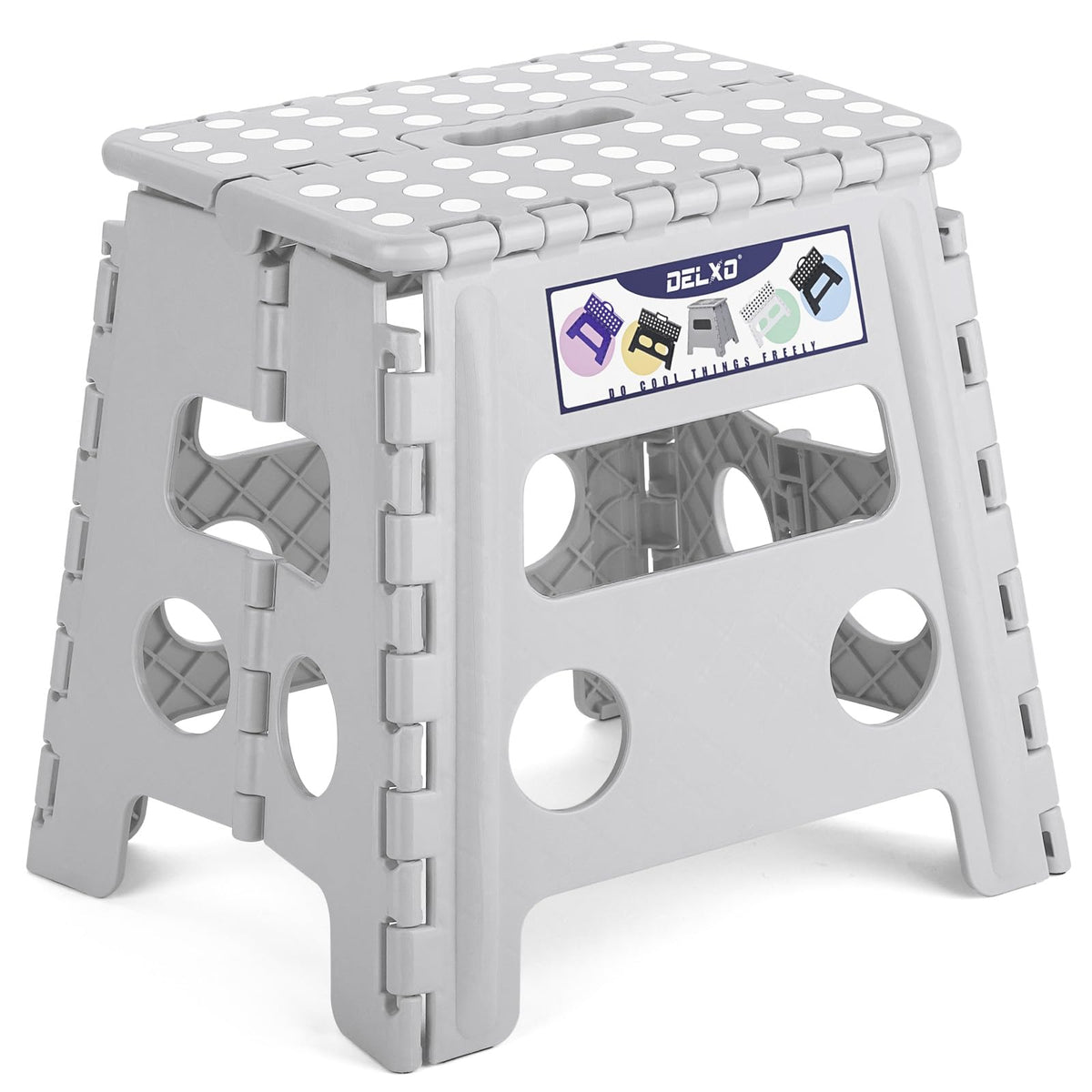 Delxo Folding Step Stool, 13 Inch Non-Slip Foldable Stools For Kids & Adults Up To 300 Lbs, Step Stool With Handle, Lightweight For Kitchen, Bathroom, Bedroom, Garden, Grey, 1Pc