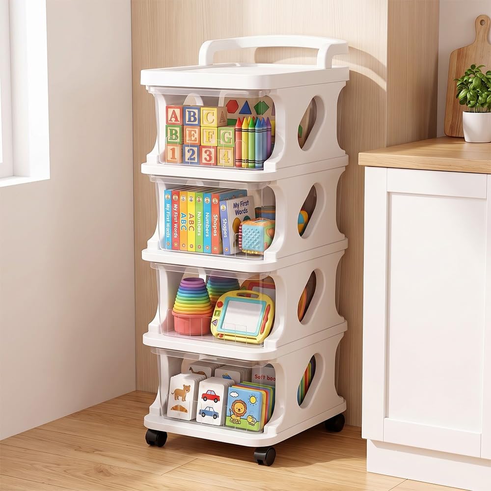 Staranddaisy 4Tier Rolling Storage Cart With Wheels, Stackable Plastic Storage Organizer With Top Tray, Lockable 360 Wheels, Mu