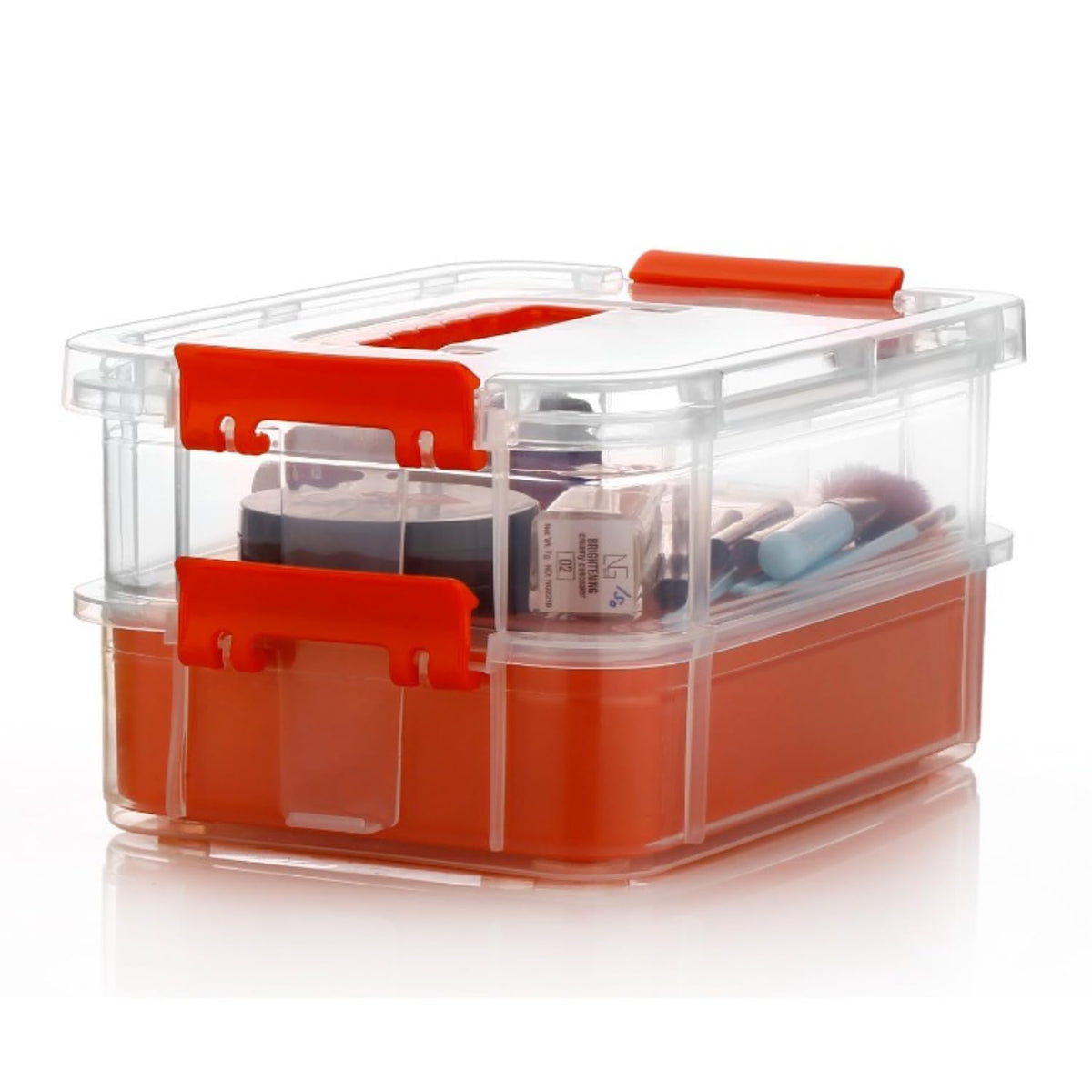 Kesi Ornaments 2 Layer Red Storage Box And Organiser,Plastic Stackable Carry Box For Storage Bin With Removable Tray  Transpare