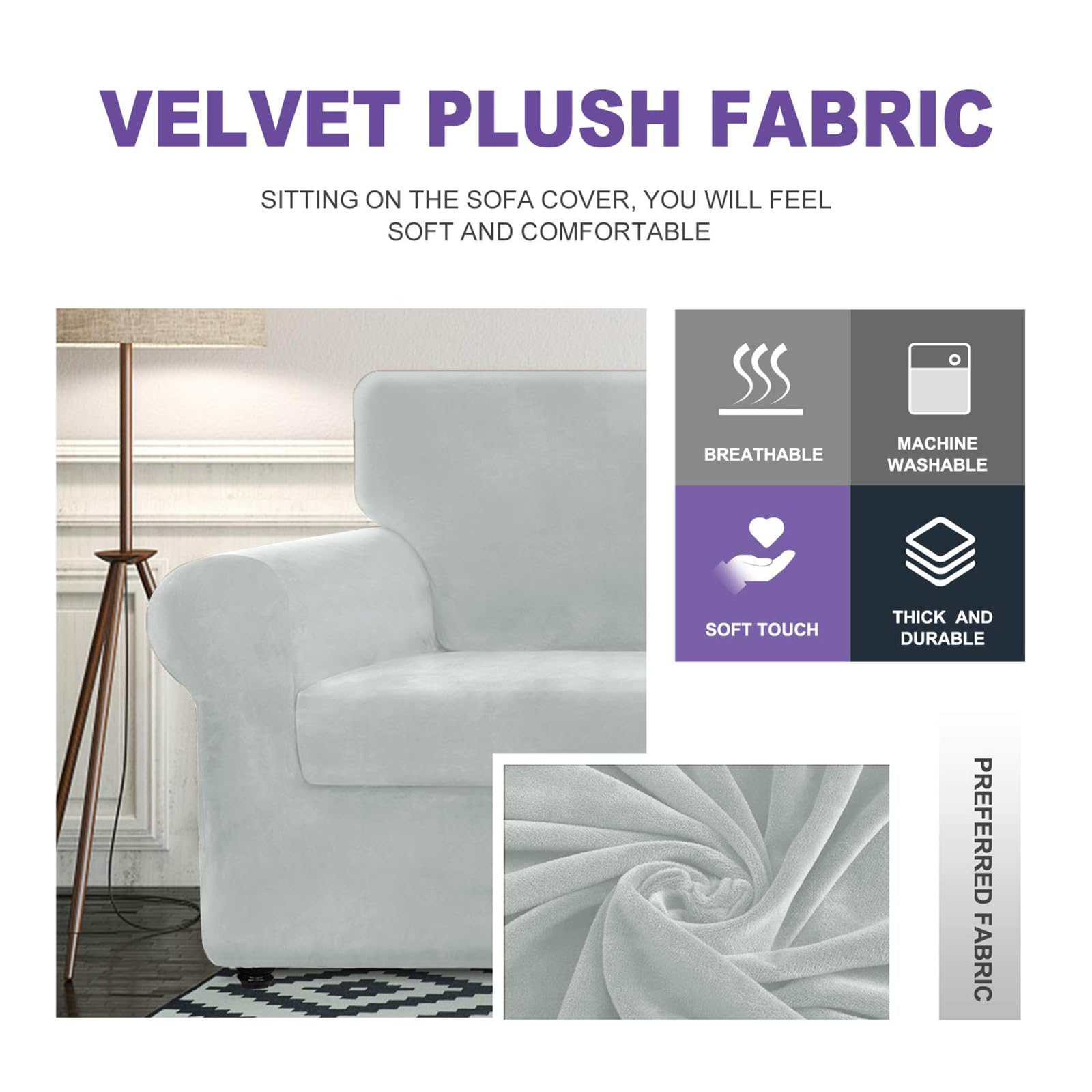 Znsayotx Luxury Velvet Sofa Cover 3 Piece (57'-70') Stretch Loveseat Covers For 2 Cushion Couch Thick Soft Couch Slipcover With Non Slip Strap, Dog Pet Friendly Nice Furniture Protector (Silver Grey)