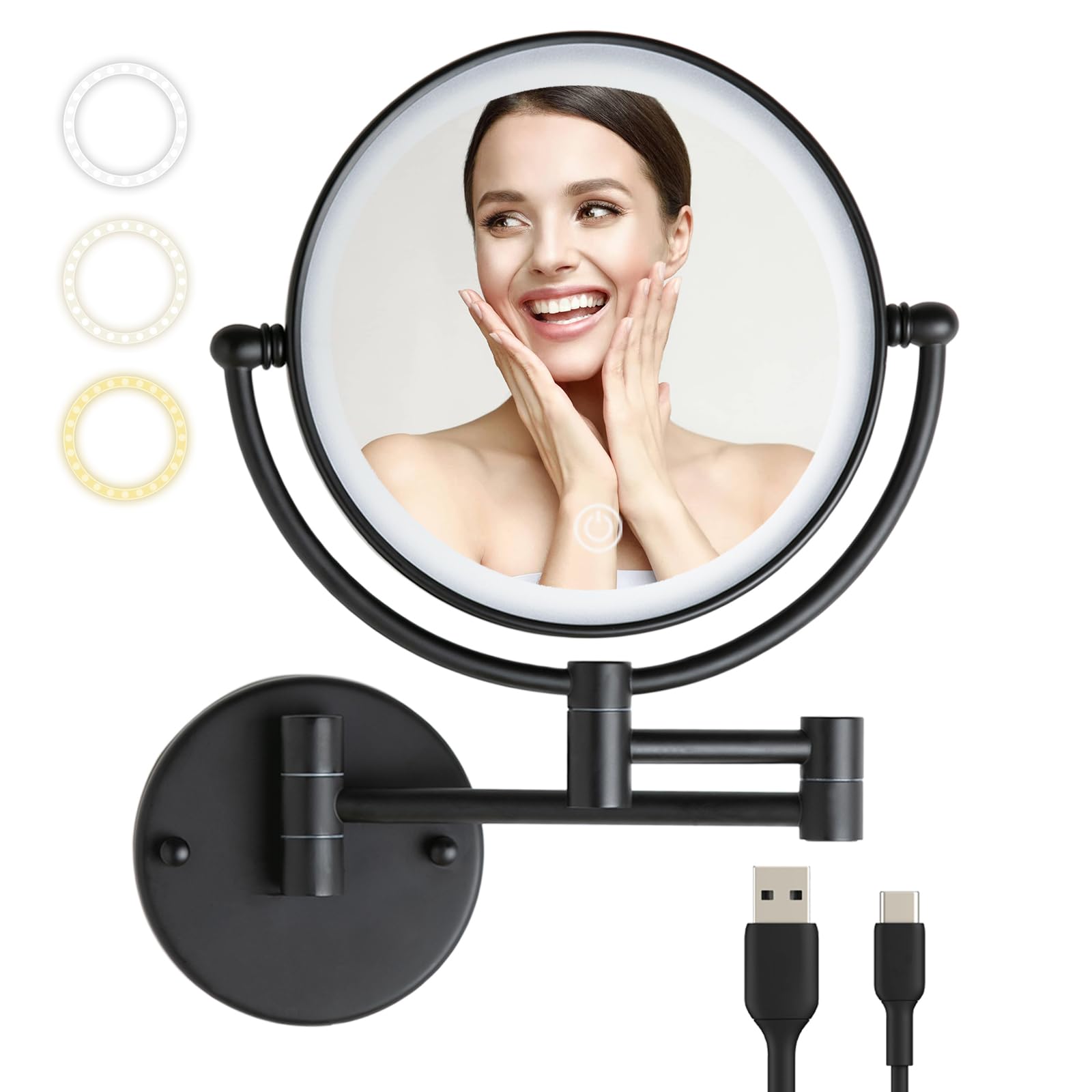 LEDOOLE Wall Mounted Makeup Mirror with Lights and 10X Magnification, 8-Inch Rechargeable Double Sided Magnifying, Touch Dimmabl