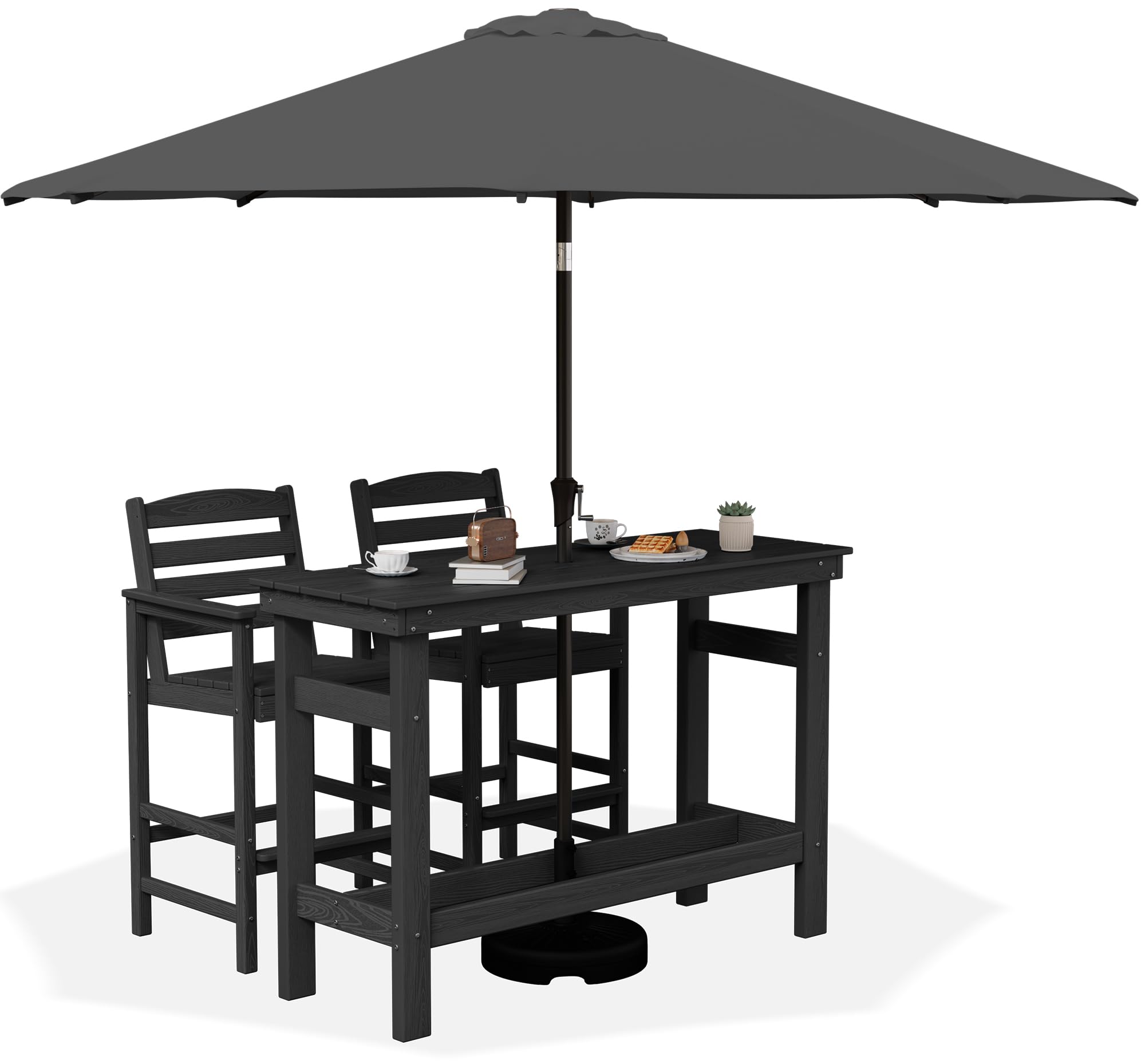 SERWALL Outdoor Bar Set with 9ft Umbrella, All-Weather HDPE Patio Bar Chairs and Table, Outdoor Furniture Set, Black (Umbreall B