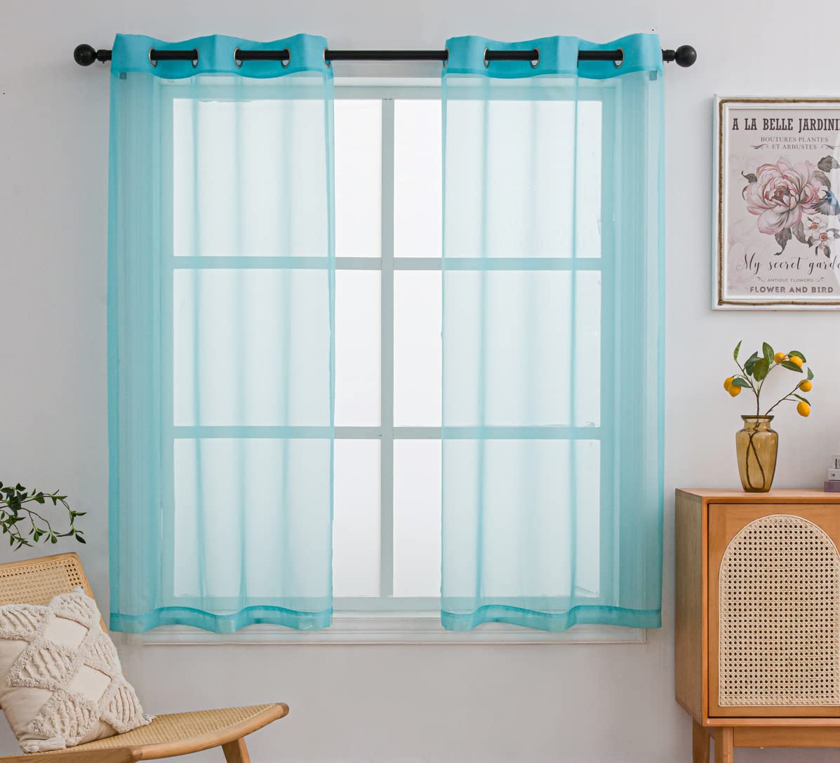 Pi Teal Sheer Short Curtains 63 Inches Long With Ring Top,See Through Sheer Voile Window Treatment For Study Room/Kitchen 2 Panels (W42 X L63, Lake Blue)