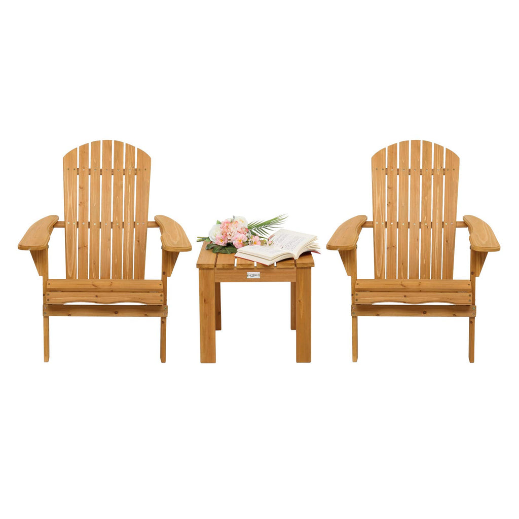 Vingli Folding Wooden Adirondack Chair Set Of 2 And Table Set, Fire Pit Seating Ergonomic Design, Folding Outdoor Patio Lounger Armchair Lawn Chairs Furniture W/Natural Finish, For Beach, Balcony