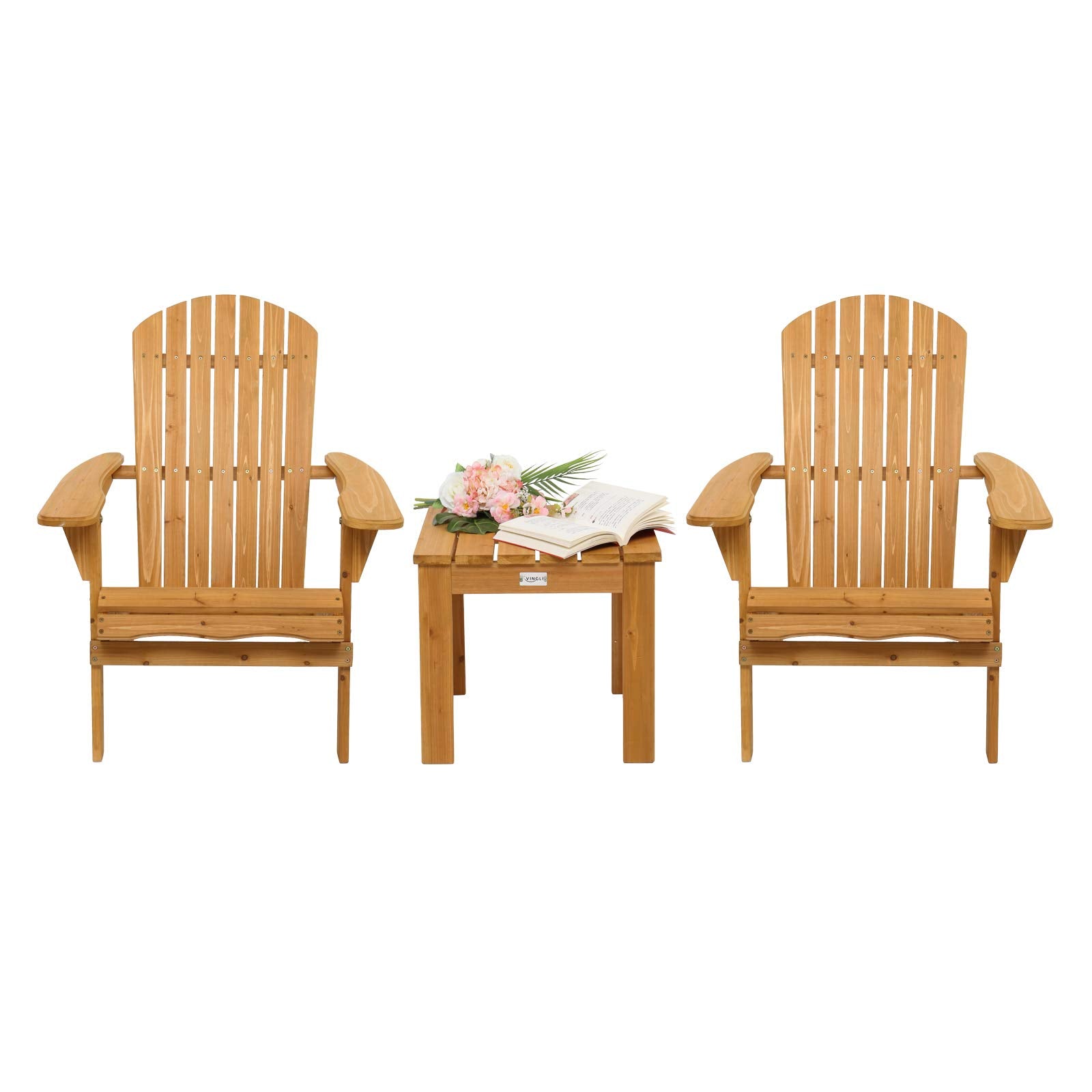 Vingli Folding Wooden Adirondack Chair Set Of 2 And Table Set, Fire Pit Seating Ergonomic Design, Folding Outdoor Patio Lounger Armchair Lawn Chairs Furniture W/Natural Finish, For Beach, Balcony