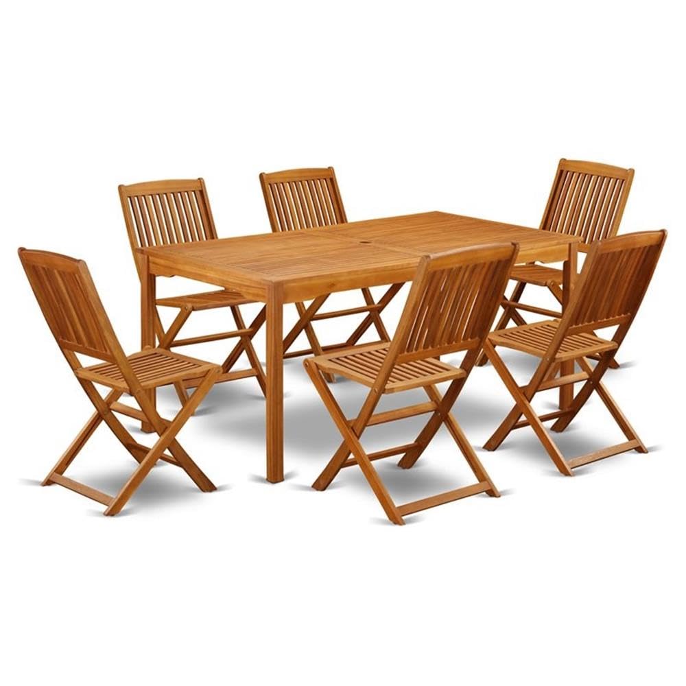 East West Furniture Cmcm7Cwna Cameron 7 Piece Outdoor Patio Dining Sets Consist Of A Rectangle Acacia Wood Table And 6 Folding Side Chairs, 36X66 Inch, Natural Oil