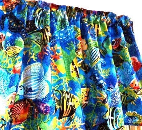 Tropical, Blue, Fish, Window, Curtain Valance, Handmade Cotton Fabric