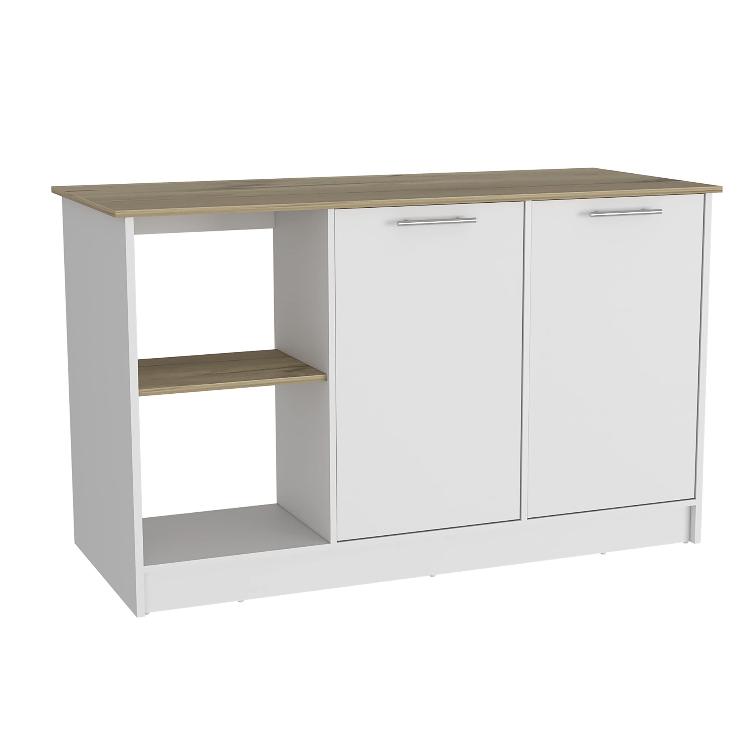 DEPOT E-SHOP Coral Kitchen Island with Large Countertop, Open Storage Shelves, Double Door Cabinet, White/Light Oak - Kitchen