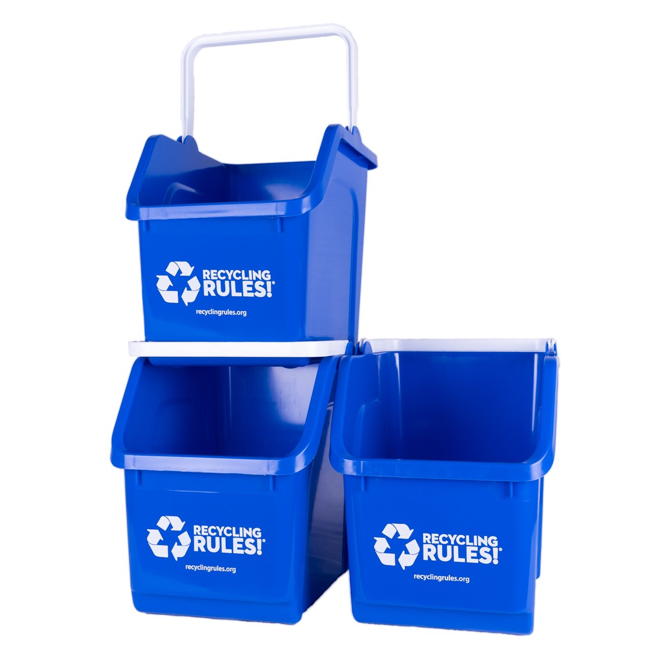 Recycling Rules! 6 Gallon Stackable Recycling Bin Container in Blue, Eco-Friendly BPA-Free Handy Recycler with Handle, 3-Pack