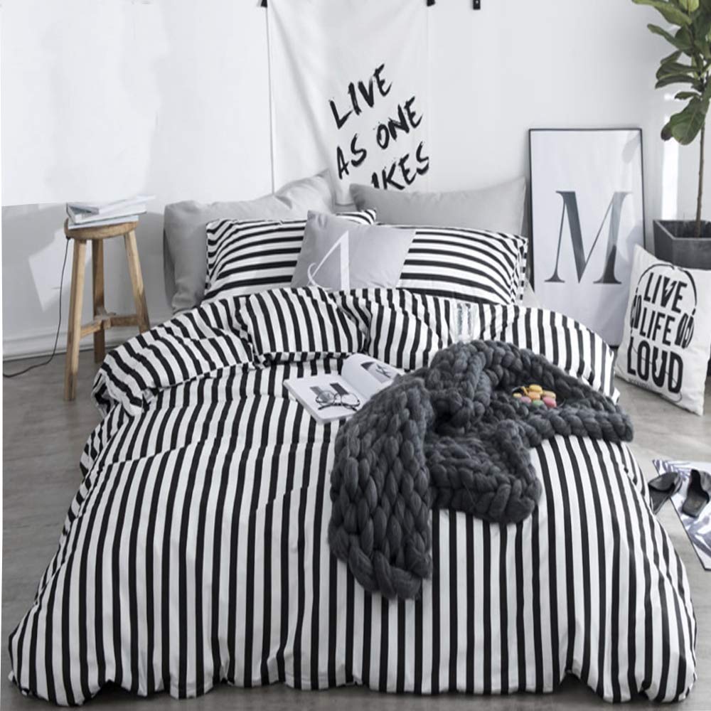 CLOTHKNOW Striped Comforter Set California King 3Pcs Black White Bedding Comforter Sets Farmhouse Comforter Ticking Black Comfor