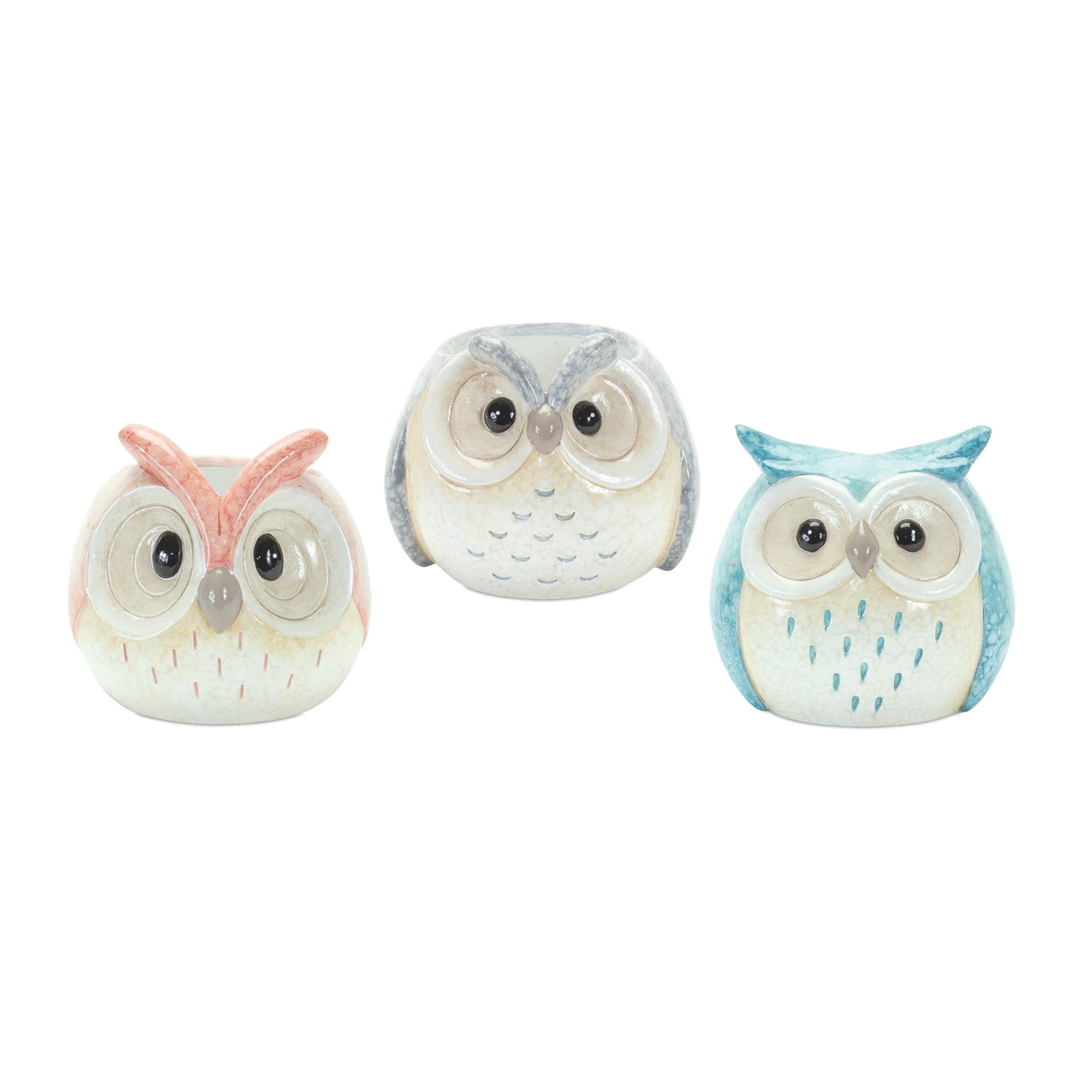 Melrose Set Of 3 Terra Cotta Owl With Blue Finish 85083Ds