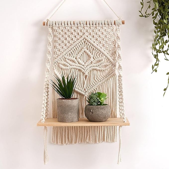 Muizz Macrame Indoor Wall Hanging Shelf Chic Decor Wood Floating Boho Shelves With Wooden Dowel Hand Woven Bohemian Decor For Ap