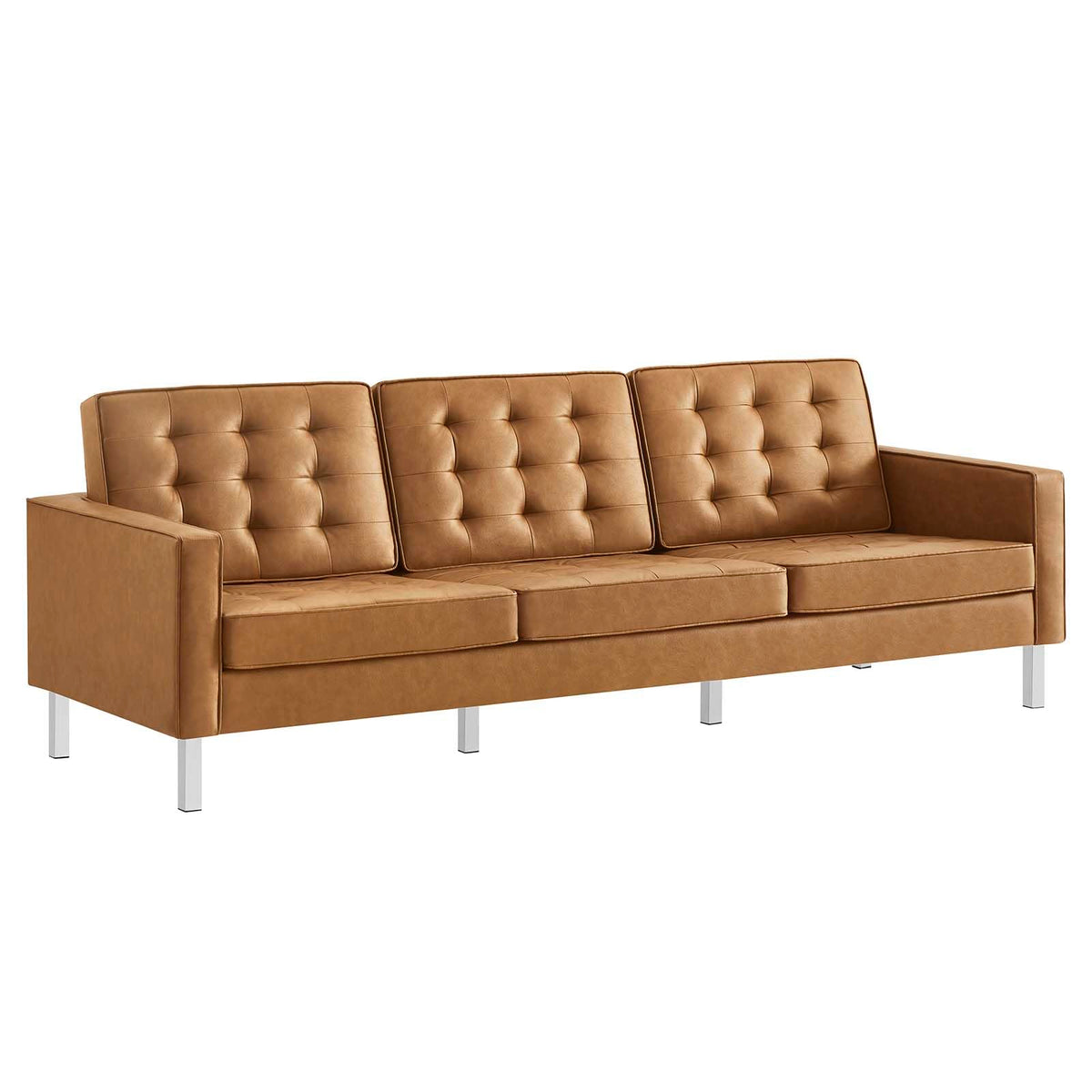 Modway Loft Tufted Button Faux Leather Upholstered Sofa In Silver Tan