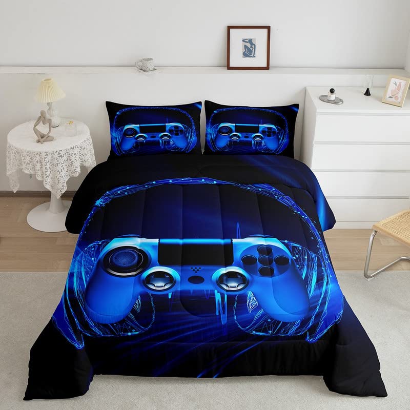 Feelyou Gamer Bedding Set Kids Video Game Gamepad Comforter Set For Boys Teens Gaming Headset Comforter Blue Game Controller Duv