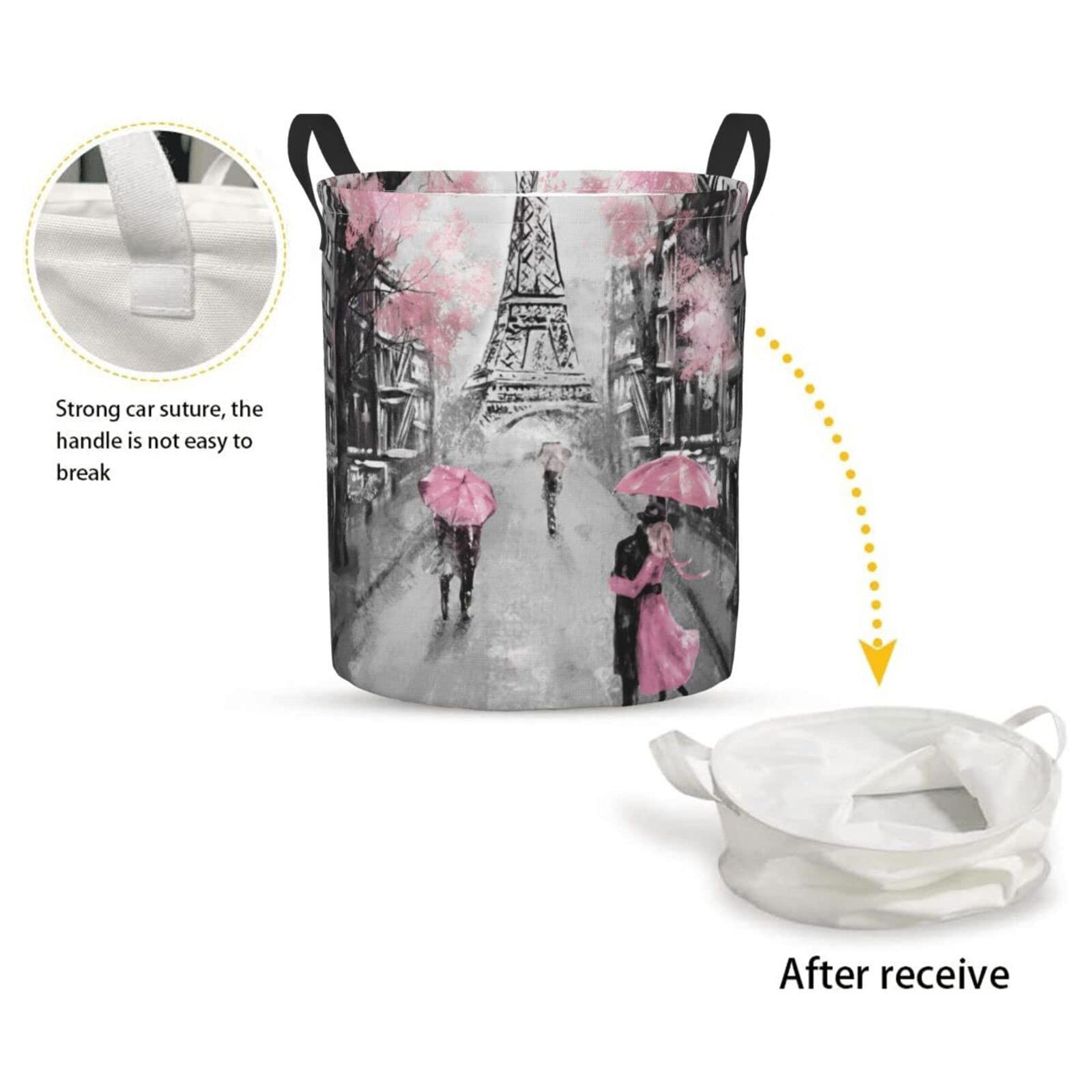 Dujiea Eiffel Tower Pink Lovers In Paris Laundry Basket Round With Handle, Collapsible Foldable Canvas Storage Bin Dirty Clothes
