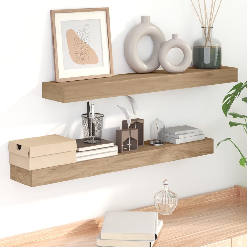 vidaXL Sleek Solid Teak Wood 2-Piece Wall-Mounted Shelves - 35.4"x5.9"x2.4" - Brown - Modern Wall Decoration, Space Saver Furniture for Indoor Home Decor