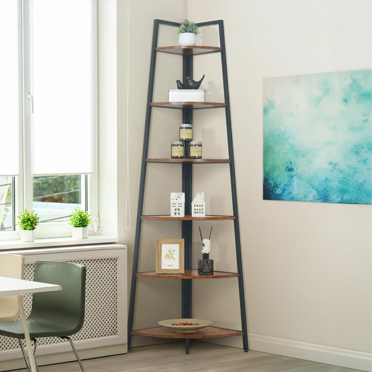 CAPHAUS Tall Corner Shelf Stand, 6-Tier Display Shelves, Ladder Corner Wood Storage Plant Bookshelf with Metal Frame, Versatile 