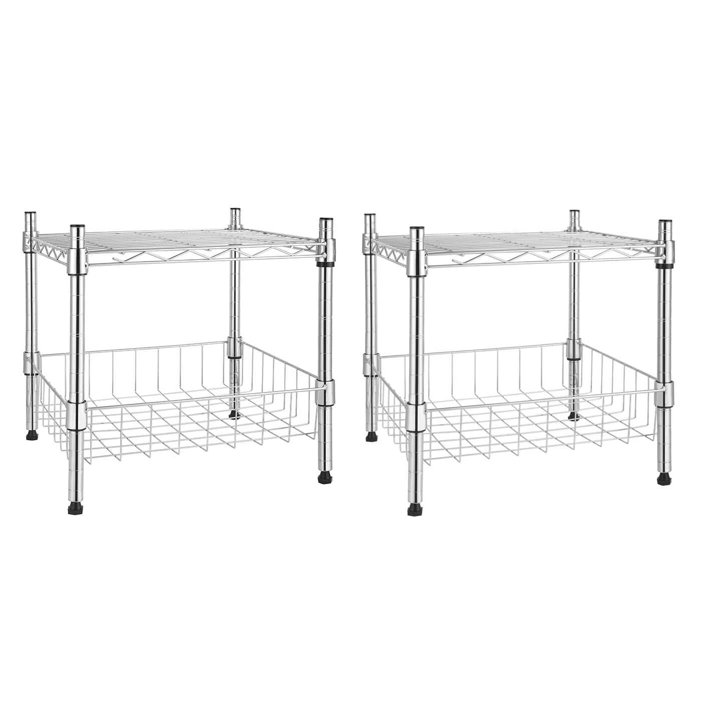 Simple Deluxe 2-Tier Shelving Unit, 15 W x 13.8 D x 15 H Wire Metal Stackable Storage with Basket, Chrome, 2 Pack