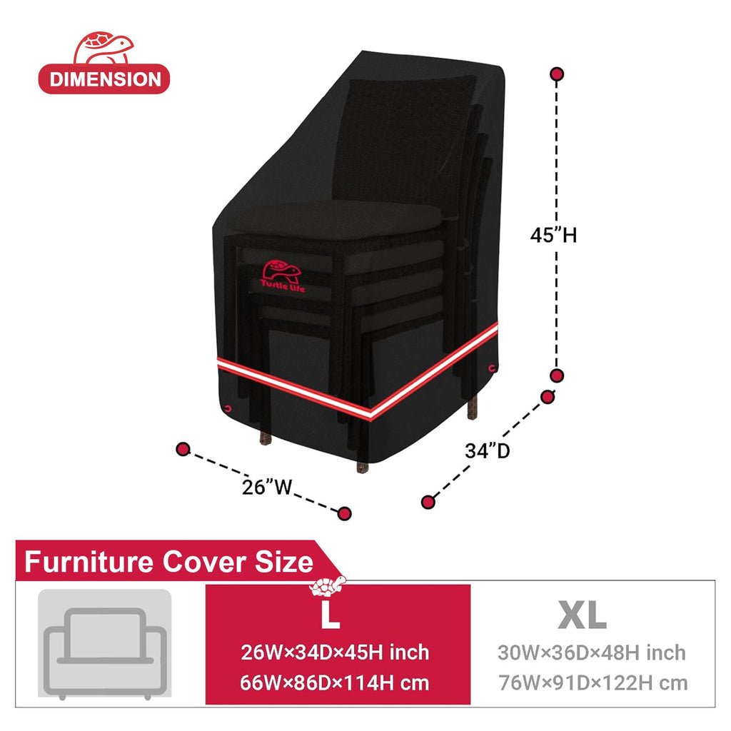 Turtle Life Patio Stackable Chair Cover, Heavy Duty Waterproof Outdoor Furniture Stacking 4-8 Chairs Covers, Anti-Fading Cover For Bar Stool Chair, Black, 26' W X 34' D X 45' H