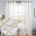 Kotile White Sheer Window Curtains Set Of 2 Panels - Gold Moroccan Tile Lattice Pattern Drapes For Living Room, 52 X 95 Inch