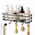 Decoreet Wall Shelf | Gi Steel Self Adhesive Bathroom Organiser With 4 Hooks | No Drill, Black | 28 Cm X 10 Cm X 6.5 Cm