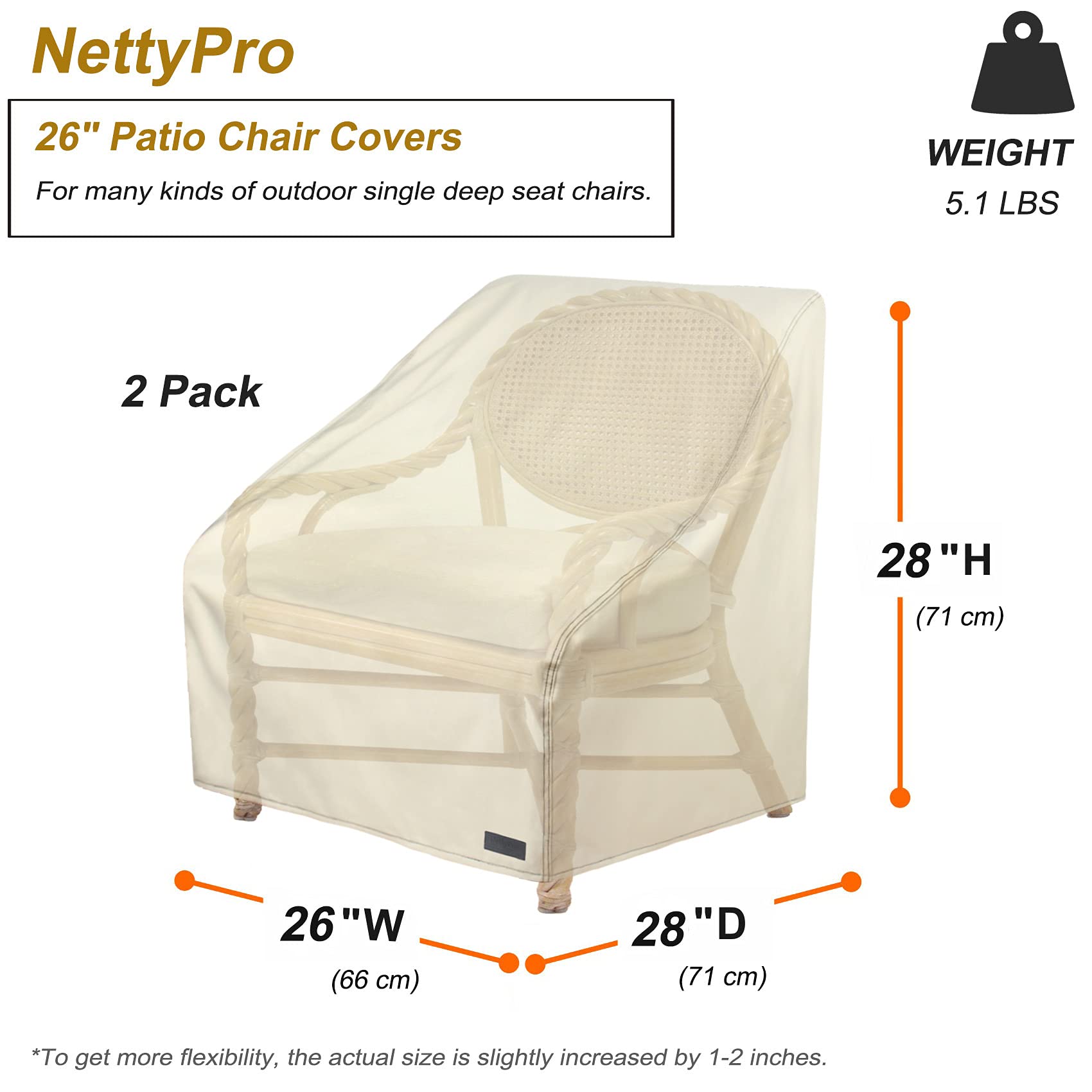 Nettypro Waterproof Patio Chair Covers 2 Pack, 600D Heavy Duty Outdoor Seat Cover, 26W X 28W X 28H Inch, Beige