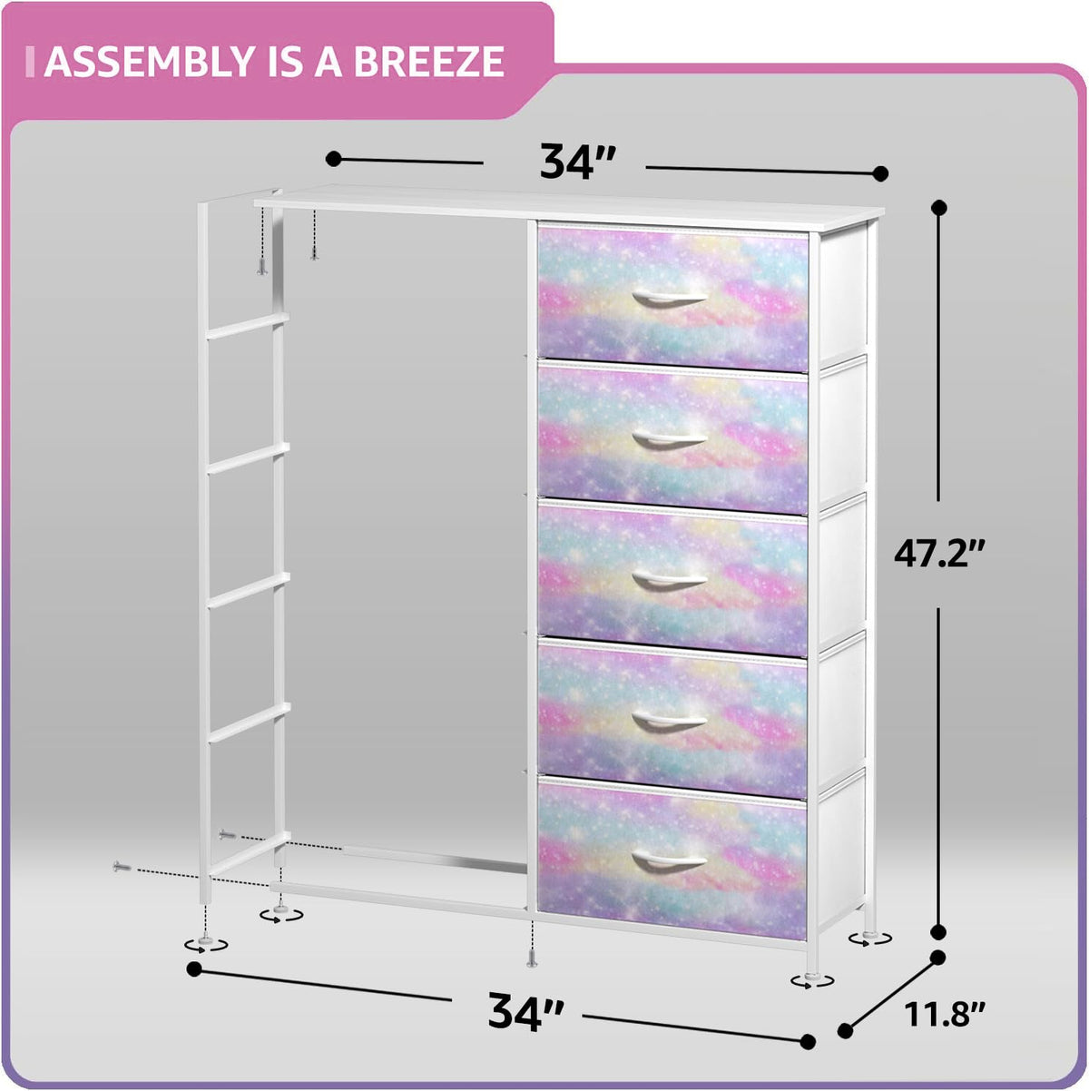Sorbus Kids Dresser With 10 Drawers - Storage Chest Organizer Unit Nightstand - Steel Frame, Wood Top, Tie-Dye Fabric Bins For Clothes - Wide Furniture For Bedroom, Hallway, Nursery, Closet, Apartment