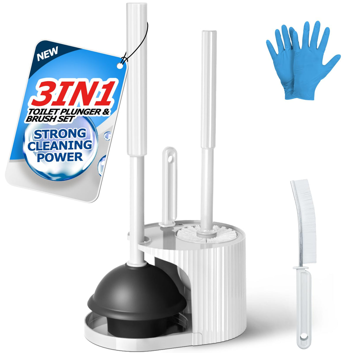 FORASTO 3IN1 Toilet Brush and Plunger Set with Holder Compact Cleaning Kit