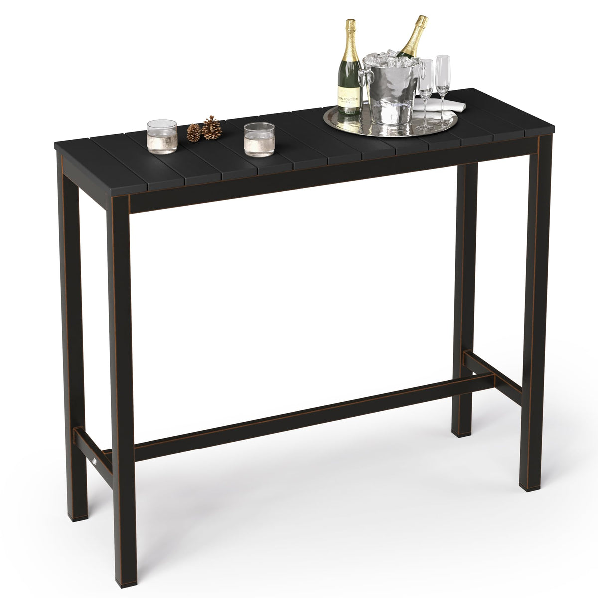 Cozyman Outdoor Bar Table, 45'' Black Patio Bar Height Counter Table, Weather Resistant, Waterproof Hdps Slatted Top Console Tab