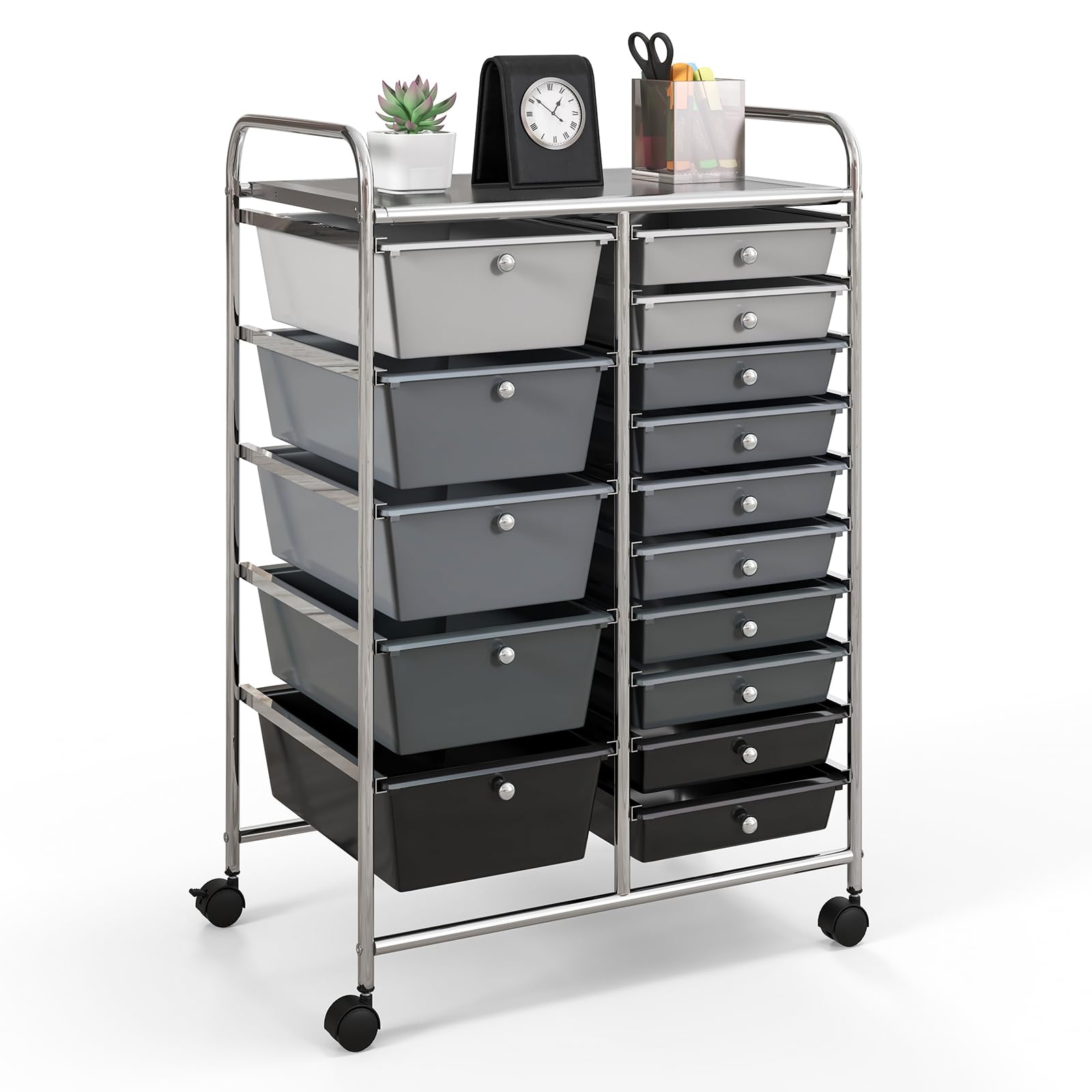 GOFLAME 15-Drawer Rolling Storage Cart, Multipurpose Movable Organizer, Utility Cart for Home, Office, School, Black Gradient