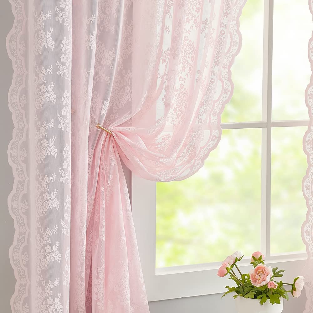 Pink Lace French Door Curtains Set of 2 Elegant Sheer Curtain Door Pair 52 x 72 Inch Length Shabby Chic Door Curtains for Door W