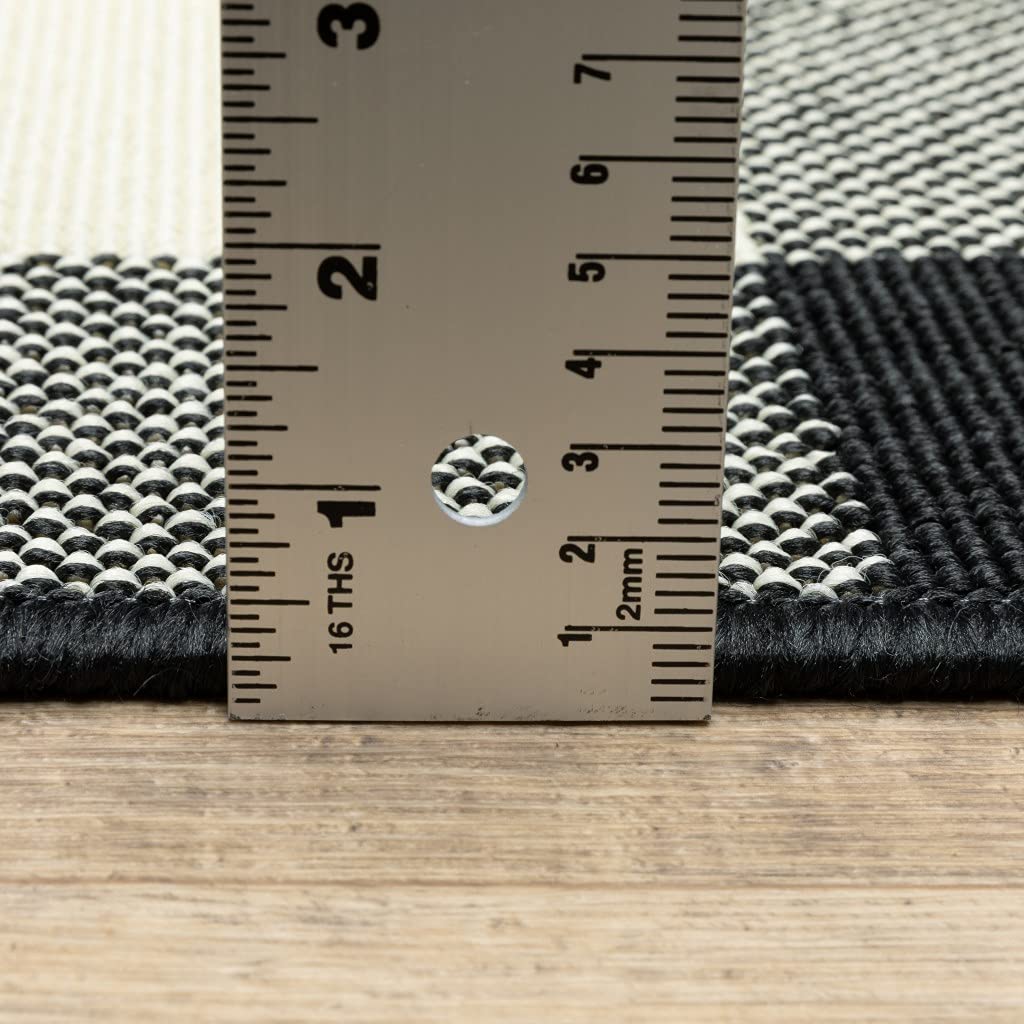 HomeRoots Polypropylene 2’x8’ Black and Ivory Gingham Indoor Outdoor Runner Rug