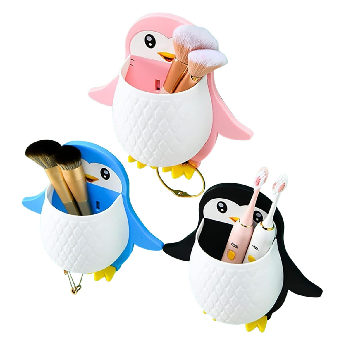 Penguin Wall Mounted Toothbrush Holder | Cute Multifunctional Bathroom Storage Rack | Wall Hanging Organizer for Toothbrush, Mak