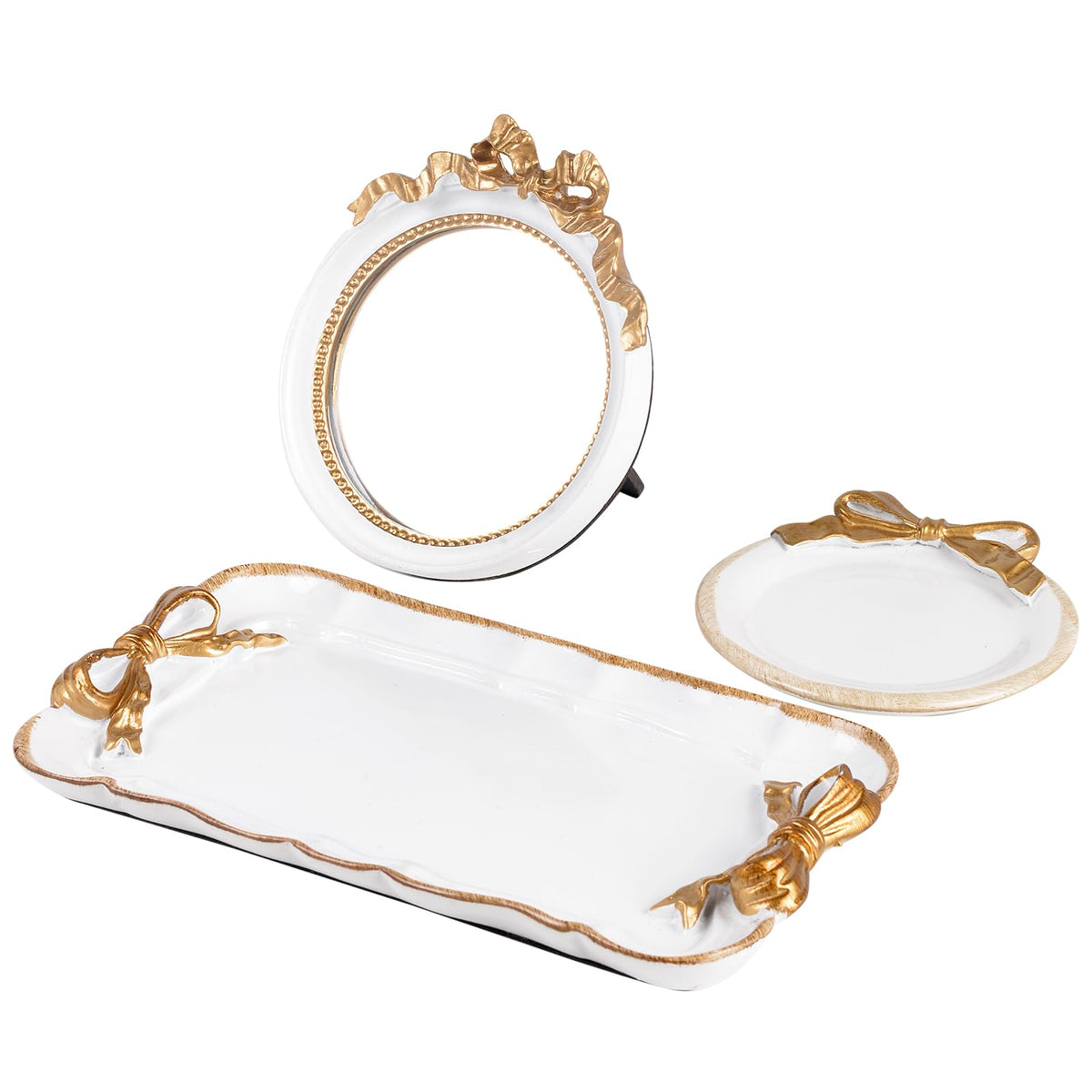 Perfume Vanity Tray Coquette Decor - 3 Pcs Decorative Perfume Tray Set, Jewelry Tray & Bow Makeup Mirror & Vanity Tray, Gold Per