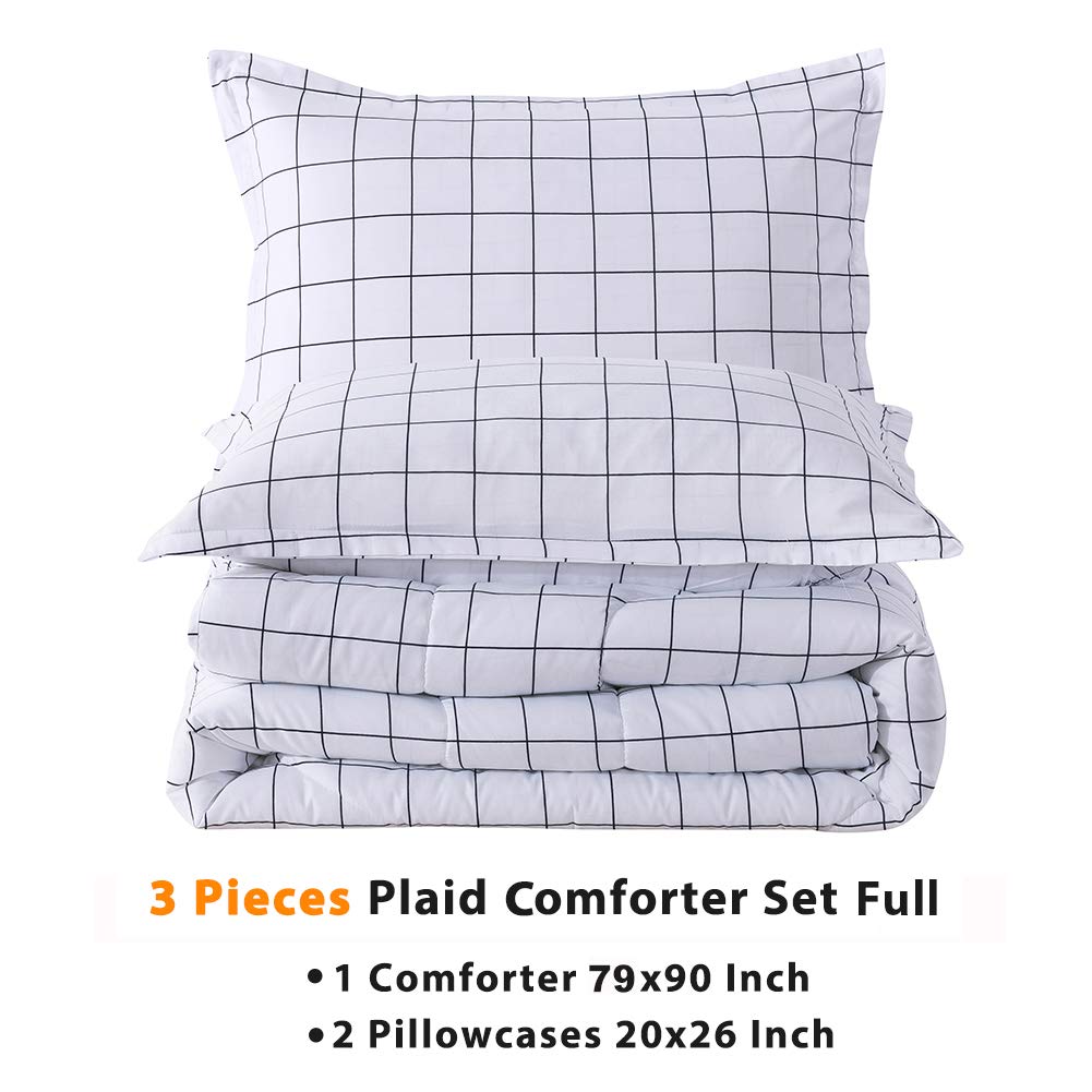 Andency White Full Size Comforter Set, 3 Pieces Lightweight Grid Bedding Comforter Sets, White Black Striped Fluffy Microfiber B