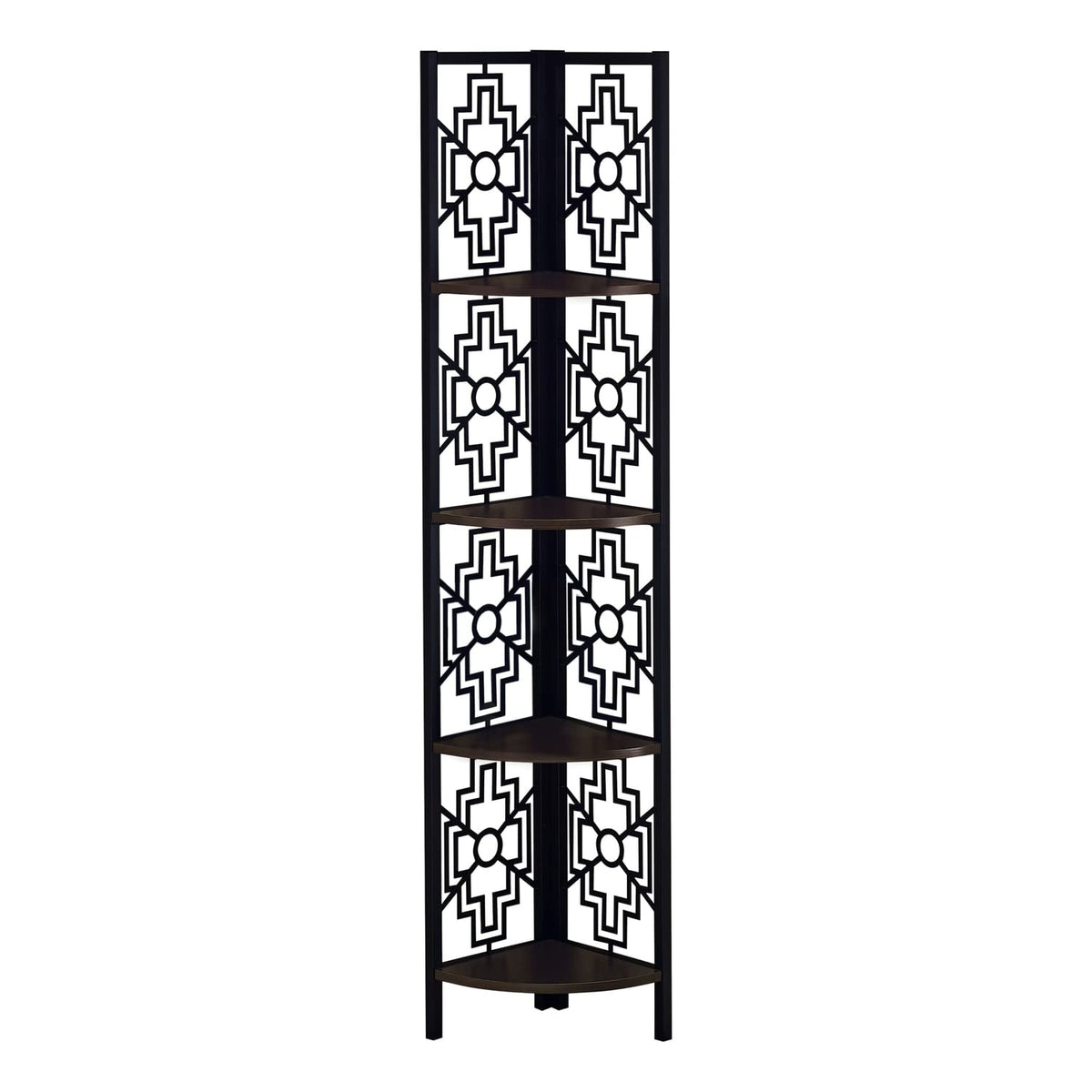 Monarch Specialties I 3622 Bookshelf, Bookcase, Etagere, Corner, 4 Tier, 62 Inch  H, Office, Bedroom, Metal, Laminate, Brown, Black,