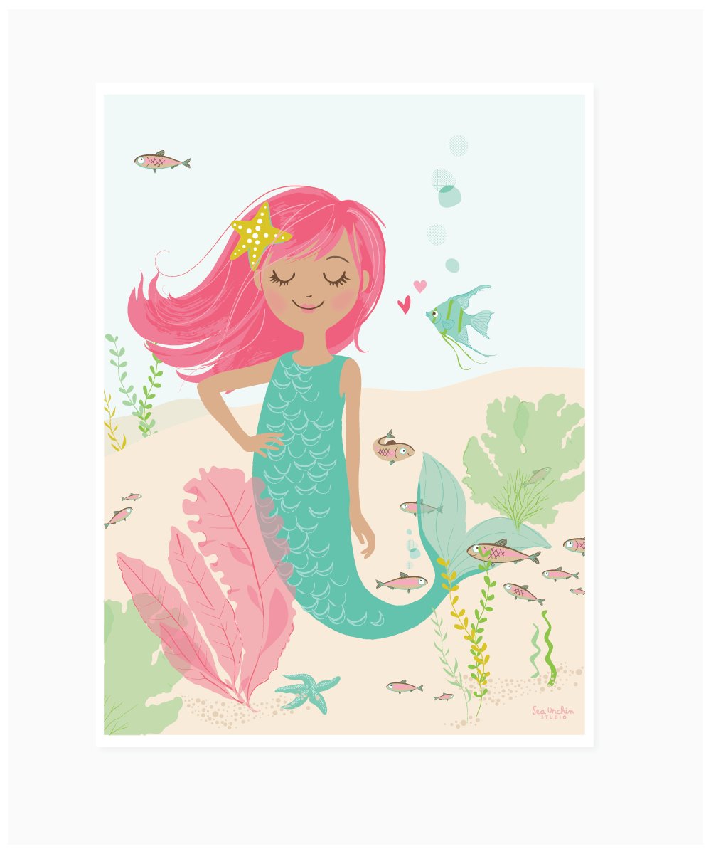 Sea Urchin Studio Mermaid Art Poster, Pink, 12 x 16