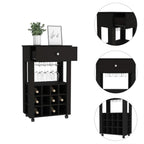 Margh Bar Cart, 12 Wine Cubbies, Drawer, Glass Rack, Caster Wheels, Black