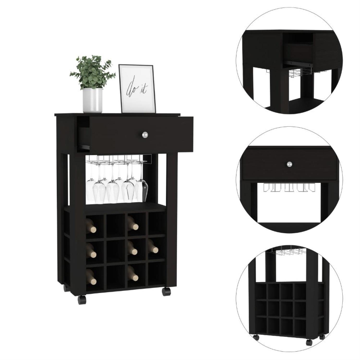 Margh Bar Cart, 12 Wine Cubbies, Drawer, Glass Rack, Caster Wheels, Black