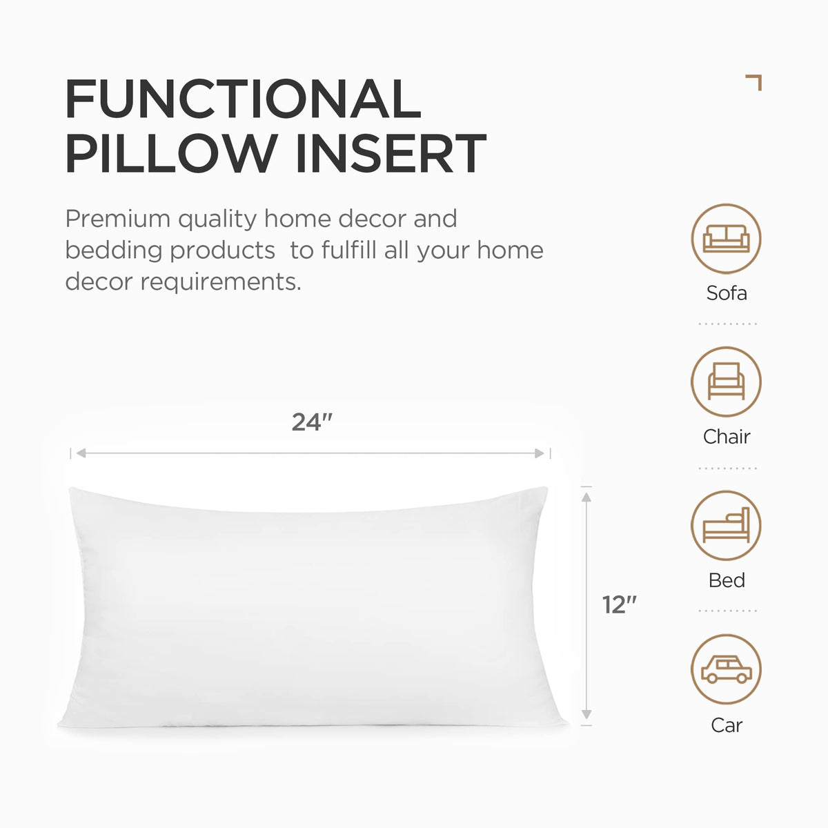 Acanva Throw Pillow Stuffer Inserts Decorative Rectangle Premium Sham Forms Cushion For Sofa Couch Chair, 12X24 Inch (Pack Of 1), White